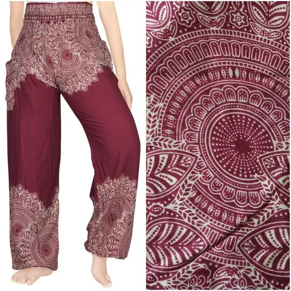 Unisex Bohemian Floral Scroll Harem Pants- Burgundy