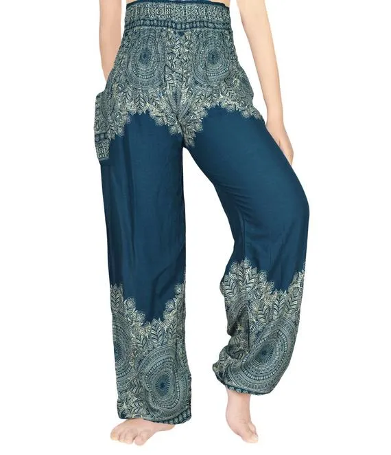 Unisex Bohemian Floral Scroll Harem Pants- Teal