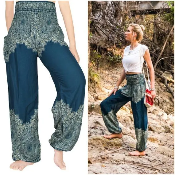 Unisex Bohemian Floral Scroll Harem Pants- Teal