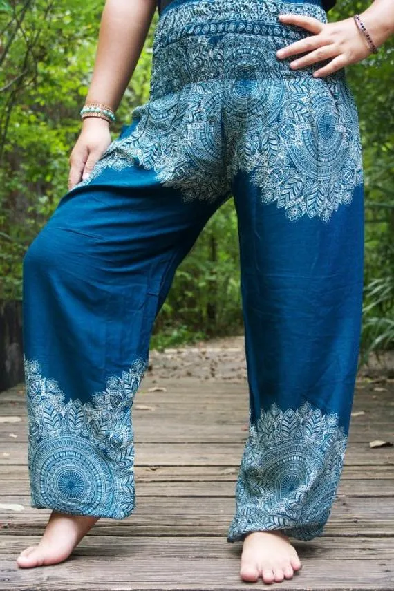 Unisex Bohemian Floral Scroll Harem Pants- Teal