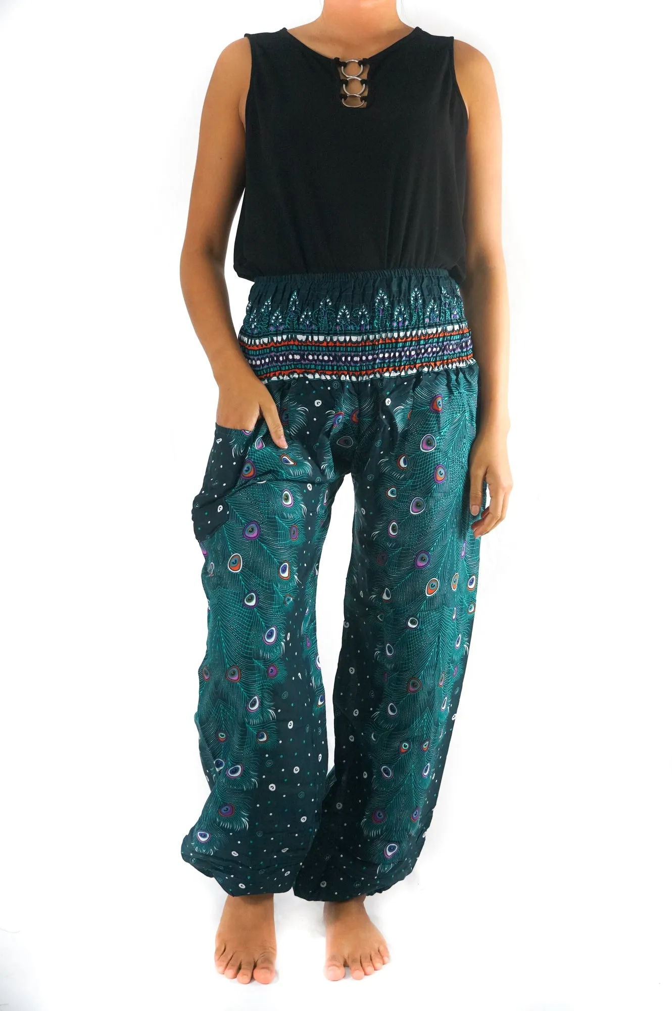 Unisex Bohemian Peacock Feather Motif Harem Pants- Teal Multi