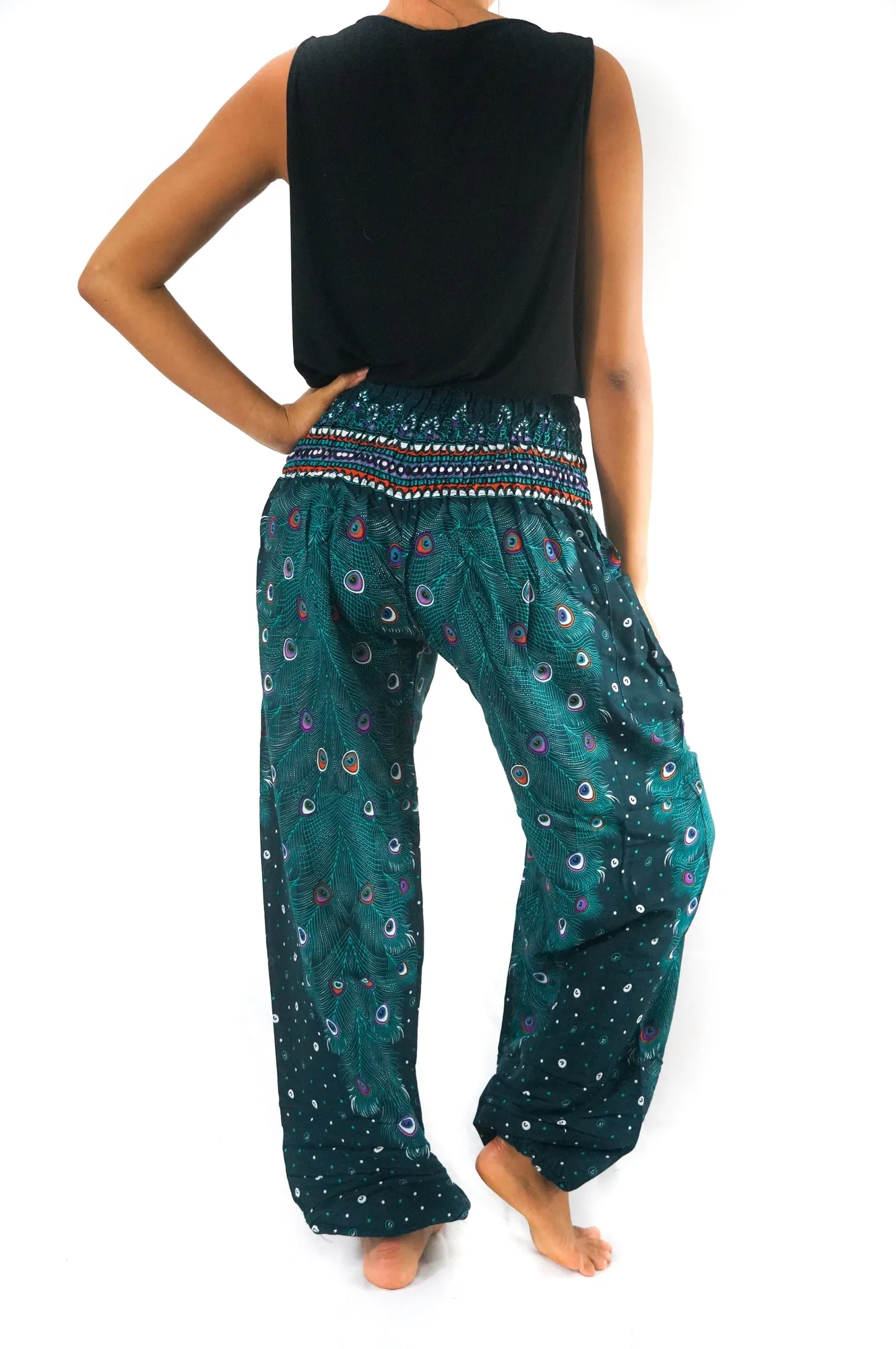 Unisex Bohemian Peacock Feather Motif Harem Pants- Teal Multi
