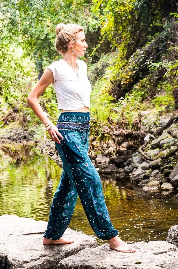 Unisex Bohemian Peacock Feather Motif Harem Pants- Teal Multi