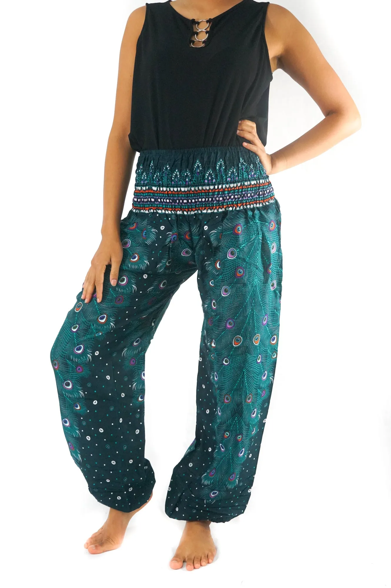 Unisex Bohemian Peacock Feather Motif Harem Pants- Teal Multi