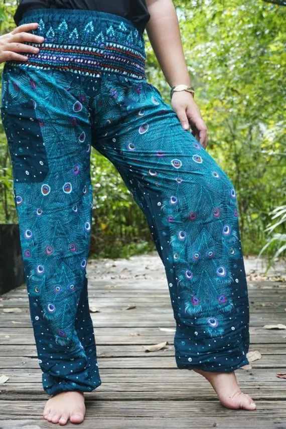 Unisex Bohemian Peacock Feather Motif Harem Pants- Teal Multi