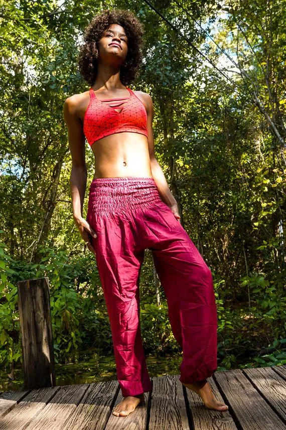 Unisex Bohemian Solid Color Harem Pants- Burgundy