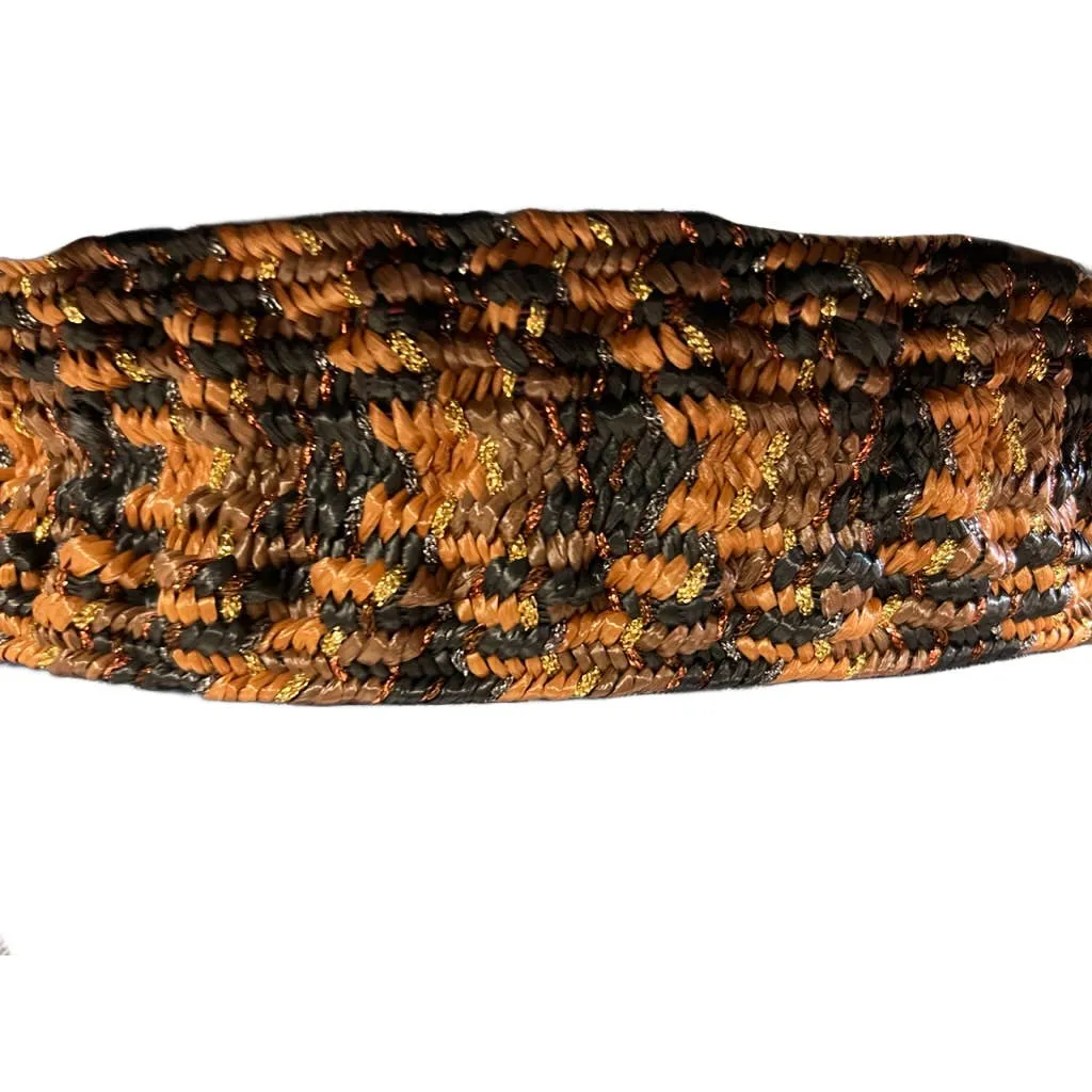 Vintage 80s Belt Solid Copper Buckle, Basketweave Leather and stretch Straw