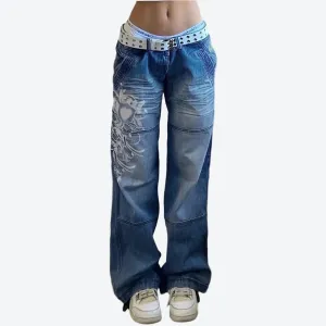 Vintage Embroidered Wide Leg Denim Pants