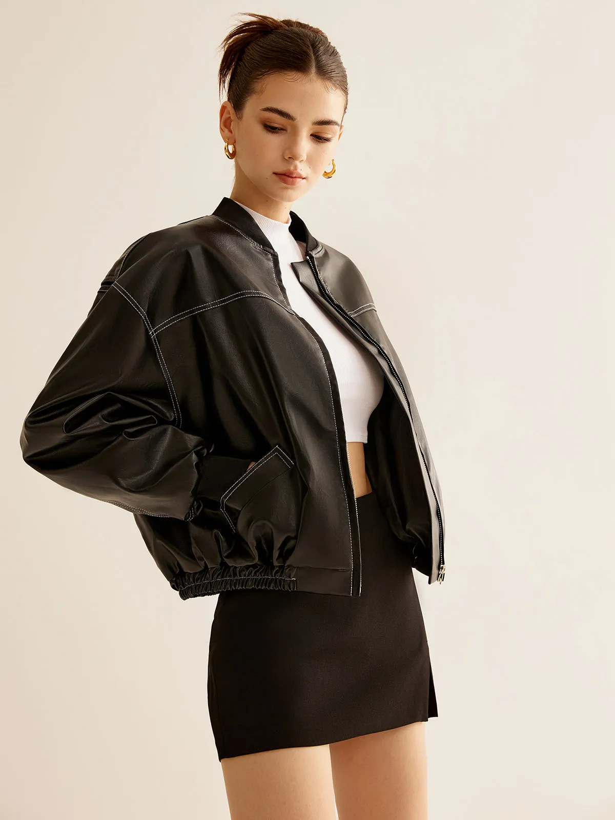 Vintage Zipper PU Leather Short Jacket
