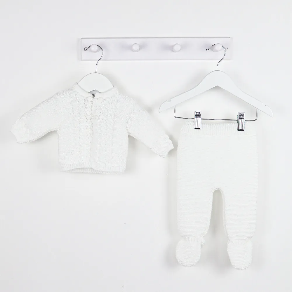 White Knitted Button Loop Jacket & Pants