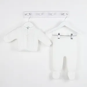 White Knitted Button Loop Jacket & Pants