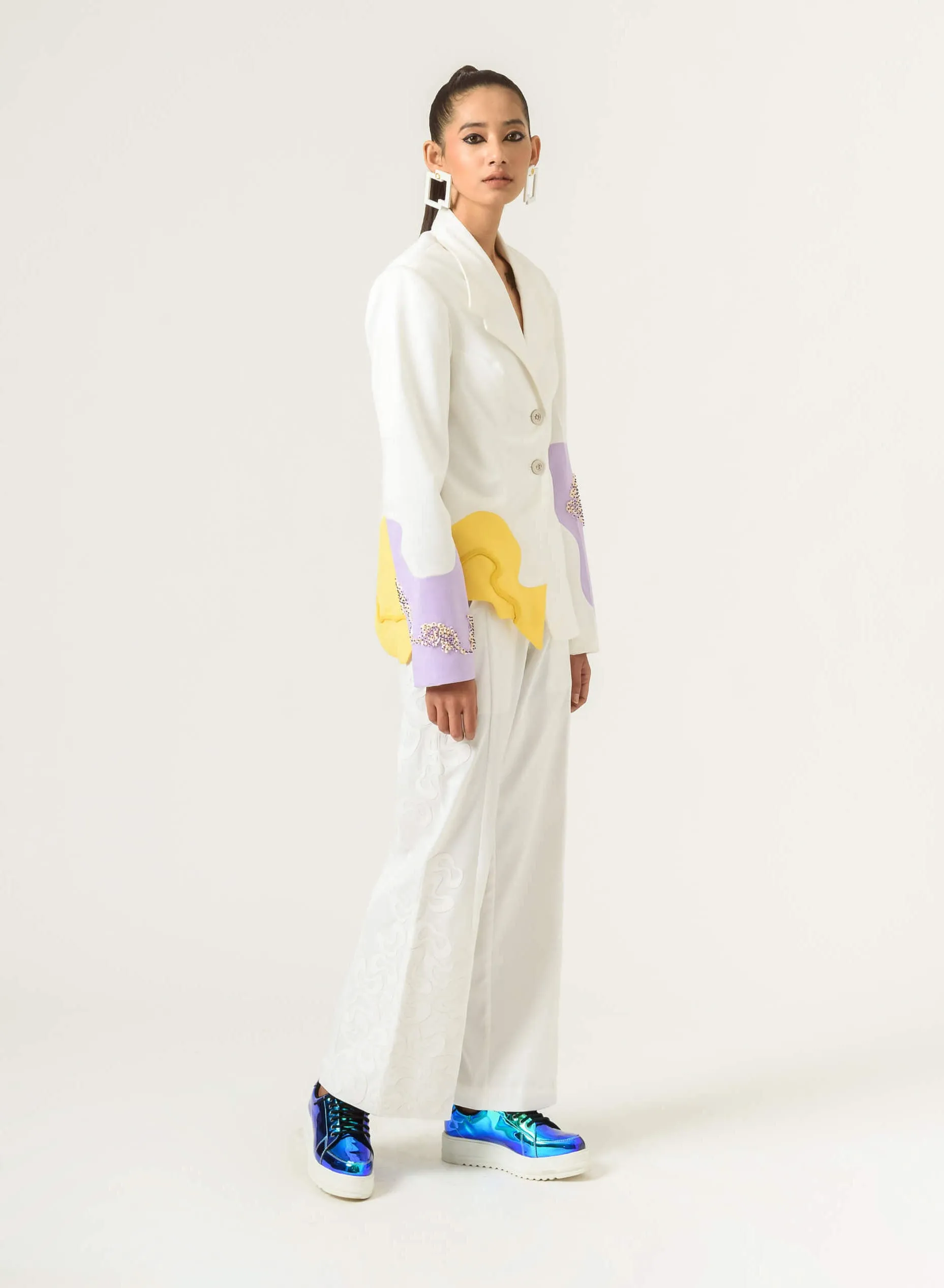 White patched wide leg trouser