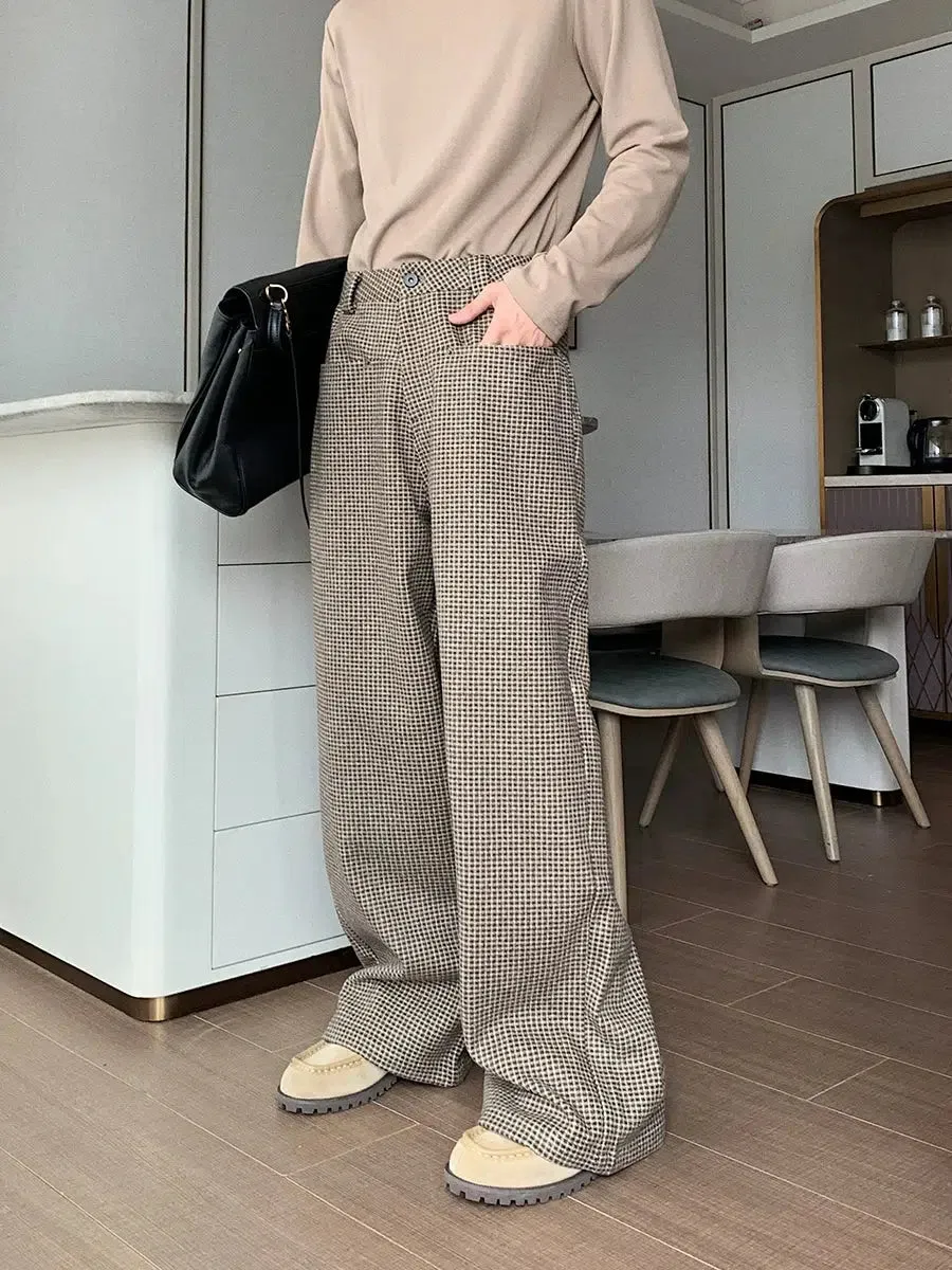 Wide-leg Checked Pleated Pants