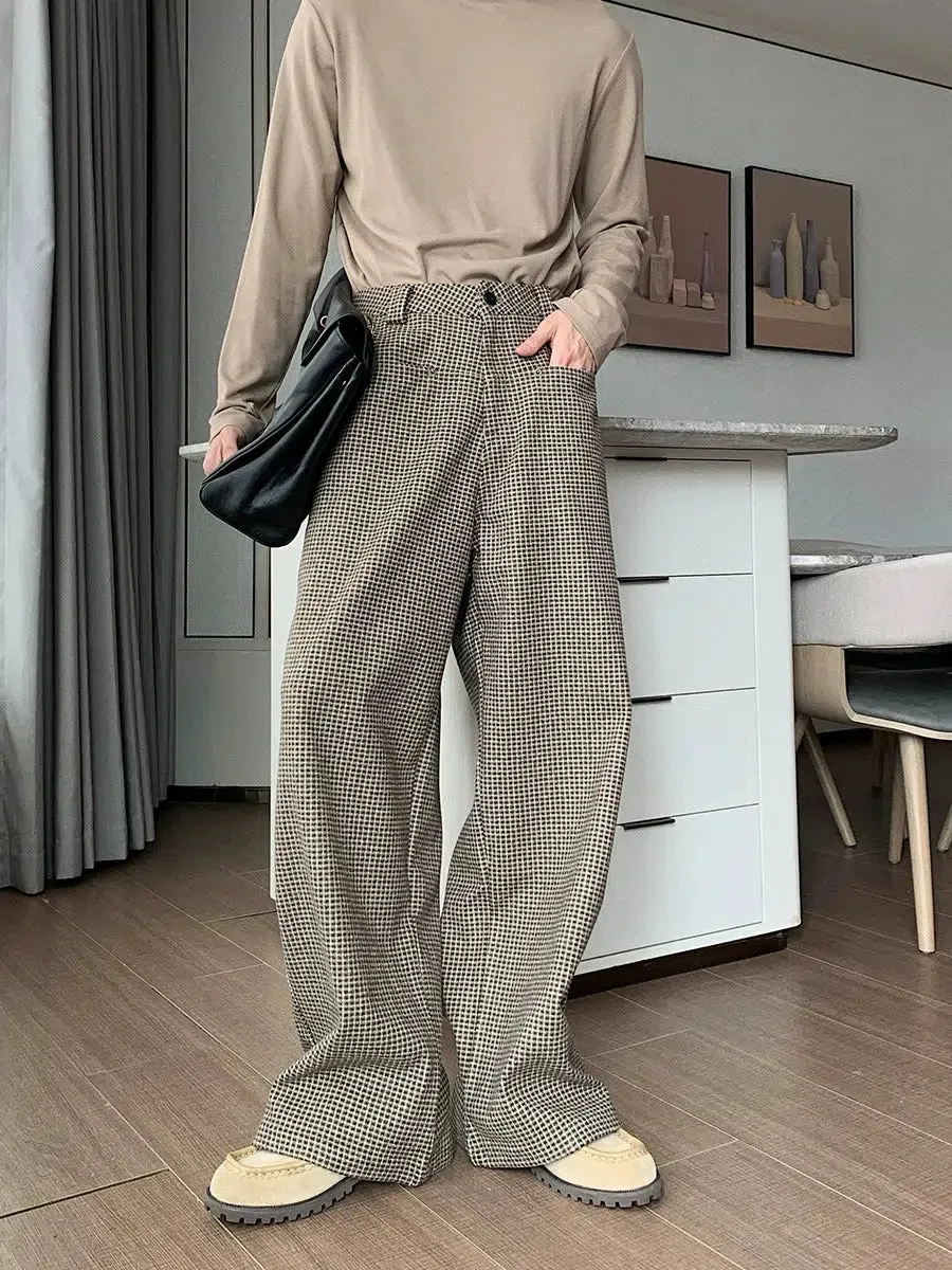 Wide-leg Checked Pleated Pants