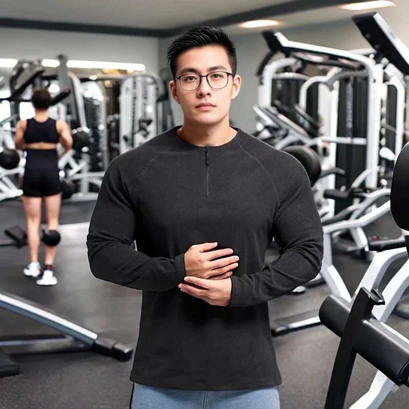 Winter Workout Clothes for Men Large Round Neck Half Zipper Sports Long Sleeves T-shirt Stretch Dralon Heattech Undershirt