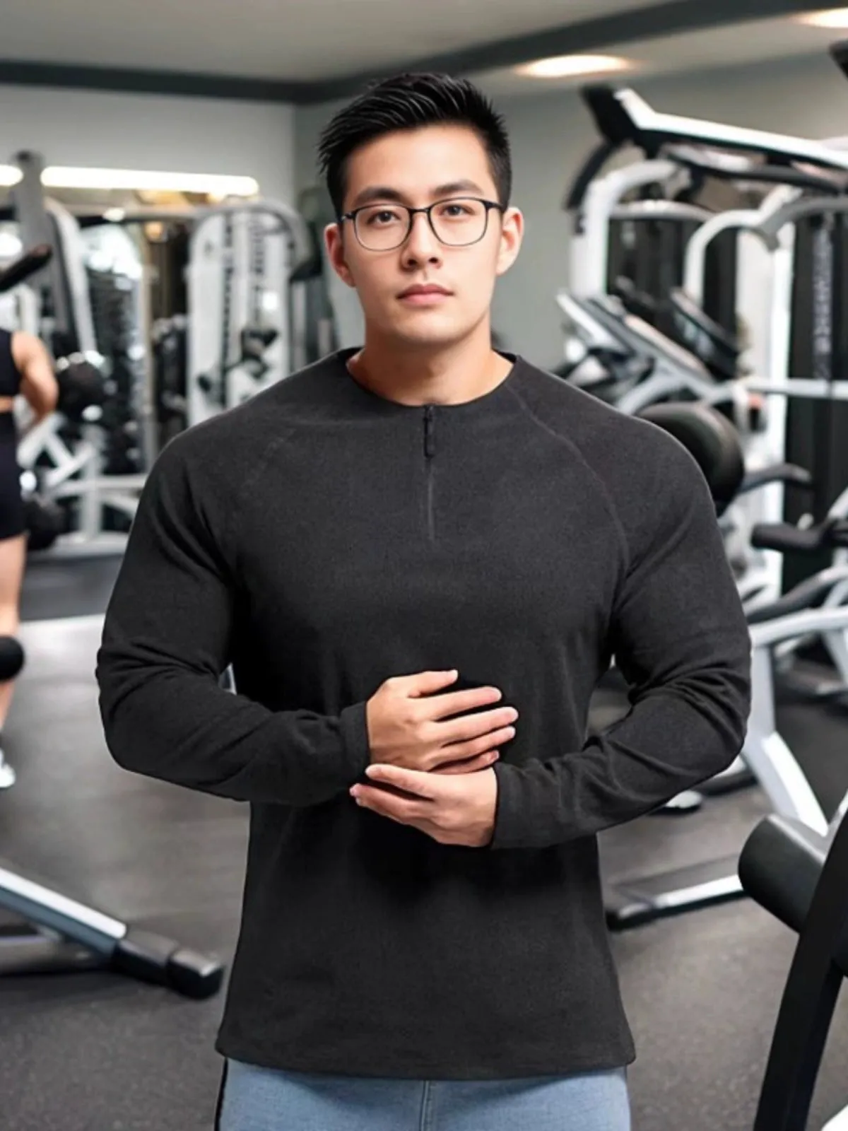 Winter Workout Clothes for Men Large Round Neck Half Zipper Sports Long Sleeves T-shirt Stretch Dralon Heattech Undershirt