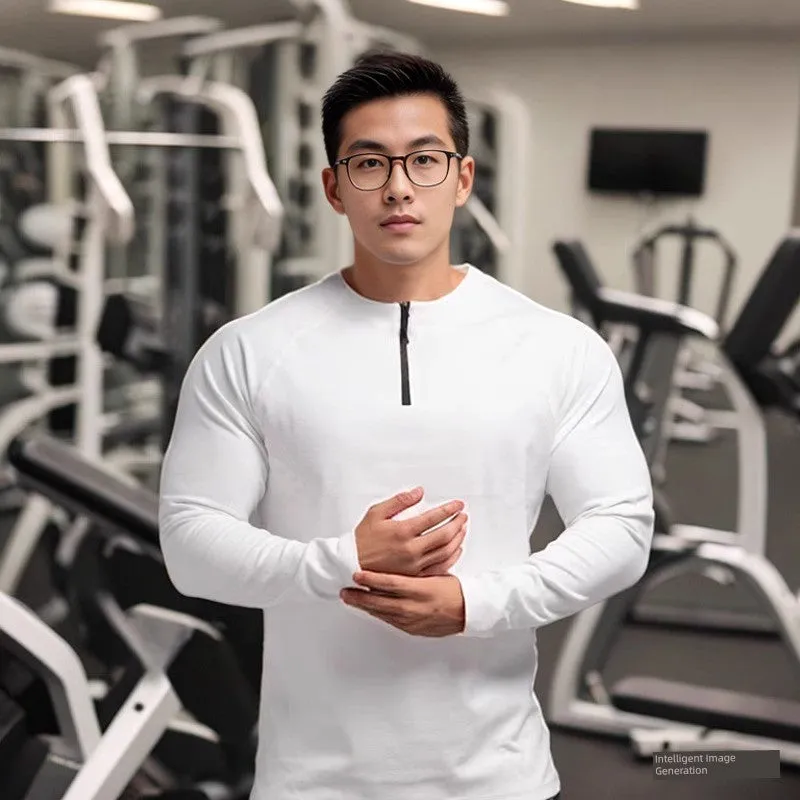 Winter Workout Clothes for Men Large Round Neck Half Zipper Sports Long Sleeves T-shirt Stretch Dralon Heattech Undershirt