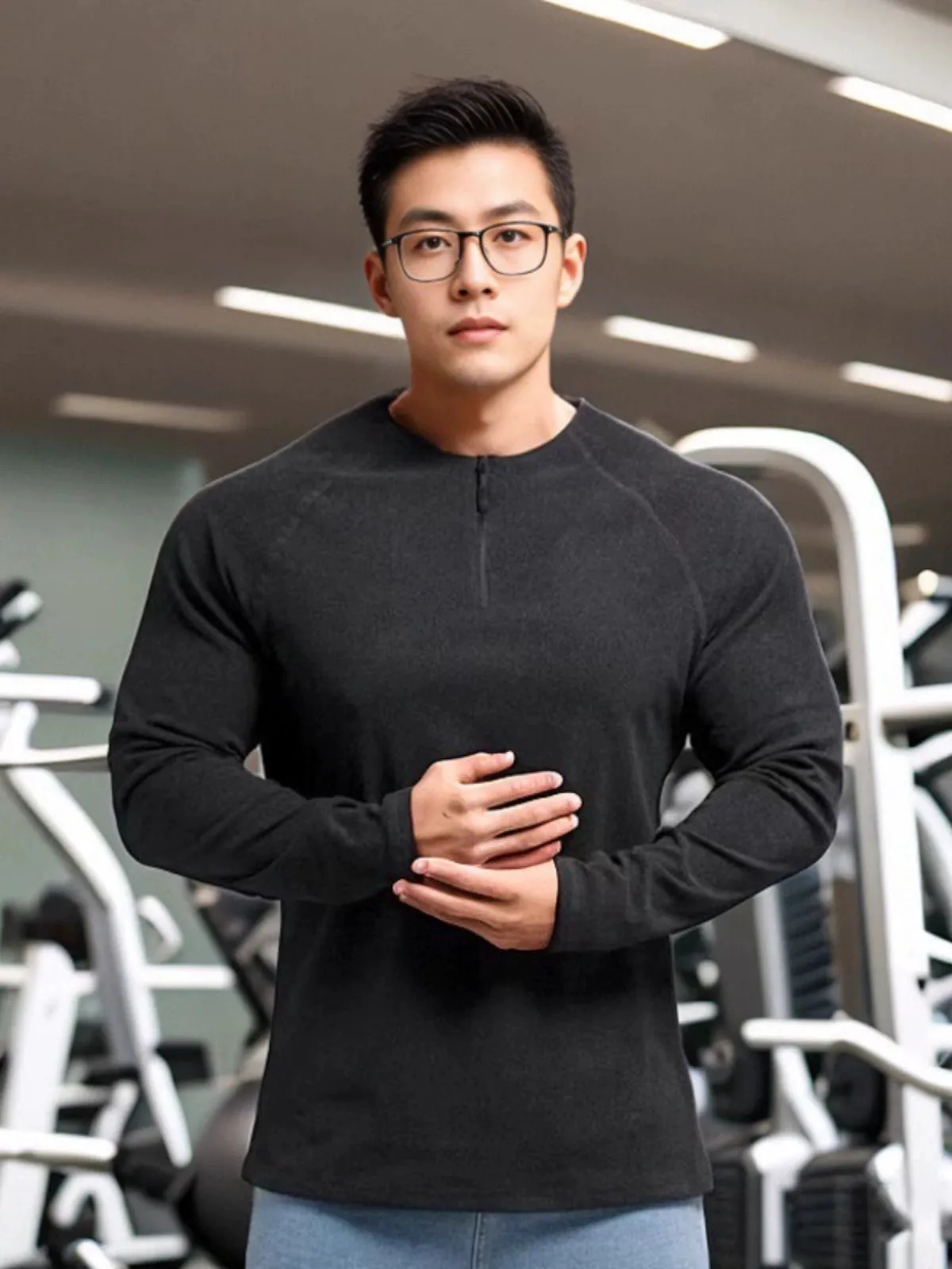 Winter Workout Clothes for Men Large Round Neck Half Zipper Sports Long Sleeves T-shirt Stretch Dralon Heattech Undershirt