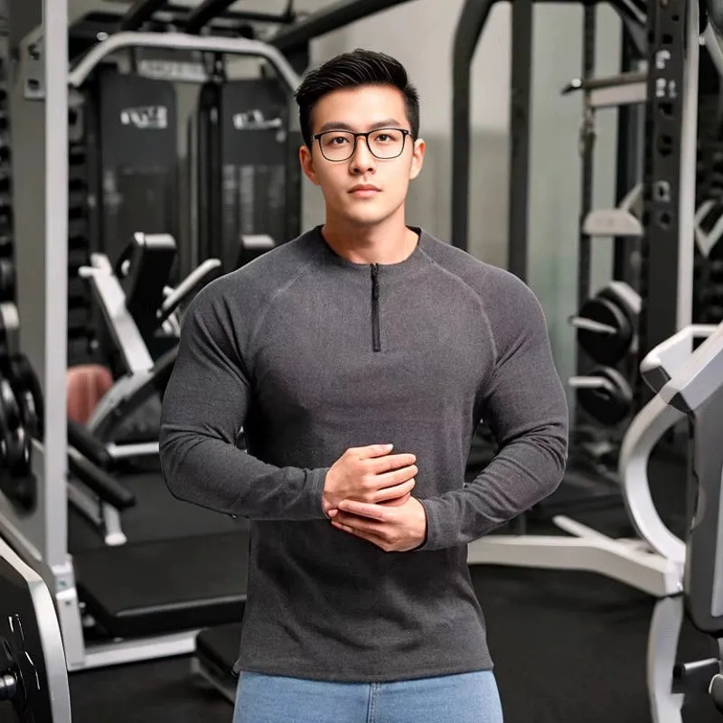Winter Workout Clothes for Men Large Round Neck Half Zipper Sports Long Sleeves T-shirt Stretch Dralon Heattech Undershirt