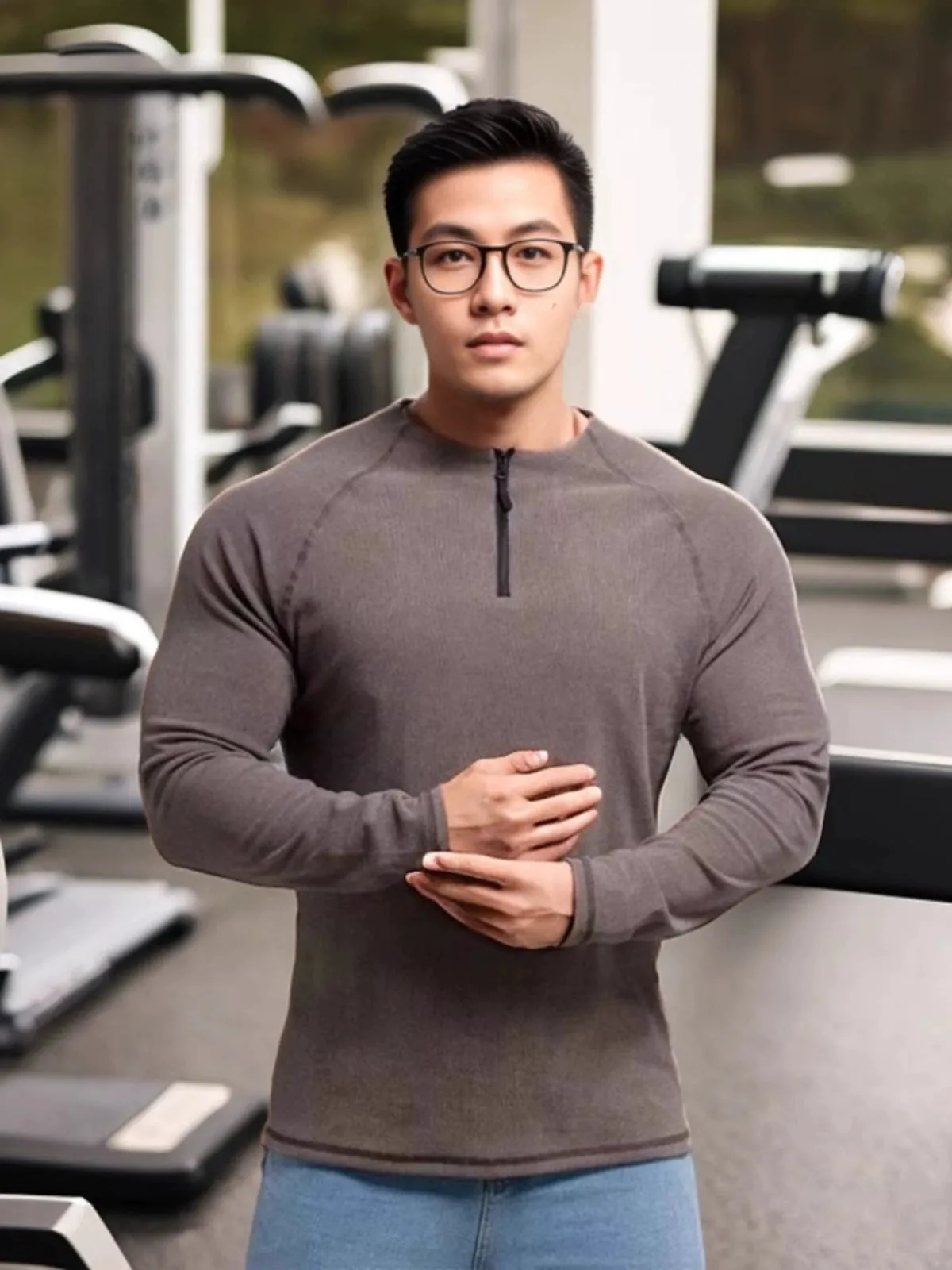 Winter Workout Clothes for Men Large Round Neck Half Zipper Sports Long Sleeves T-shirt Stretch Dralon Heattech Undershirt