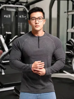 Winter Workout Clothes for Men Large Round Neck Half Zipper Sports Long Sleeves T-shirt Stretch Dralon Heattech Undershirt