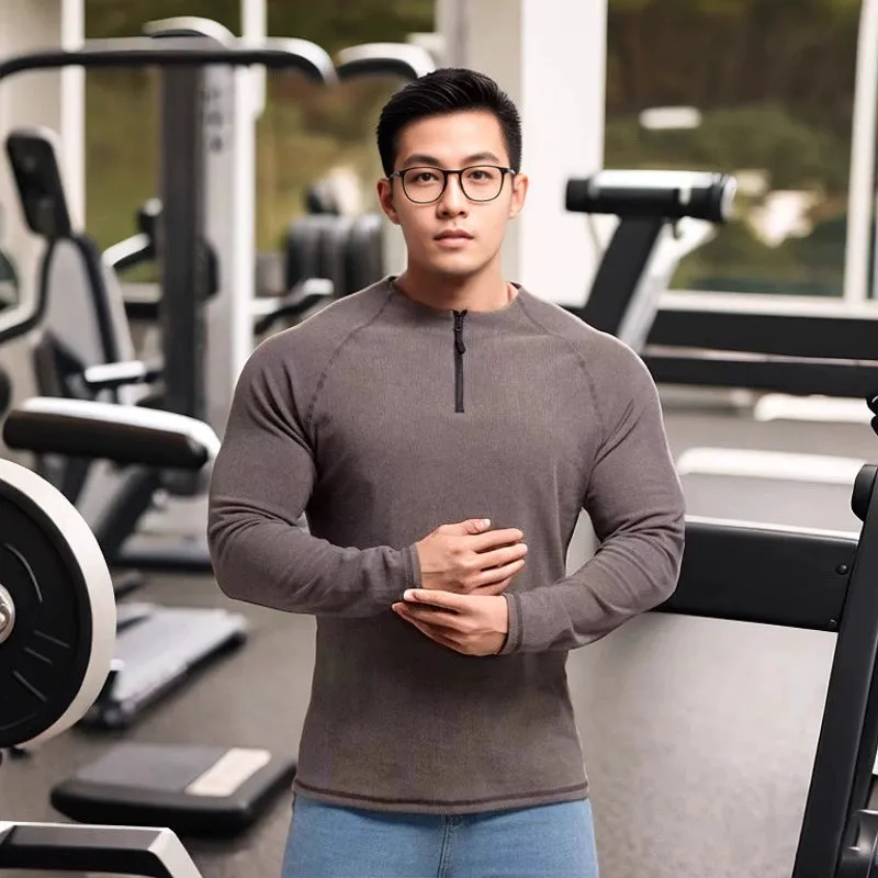 Winter Workout Clothes for Men Large Round Neck Half Zipper Sports Long Sleeves T-shirt Stretch Dralon Heattech Undershirt