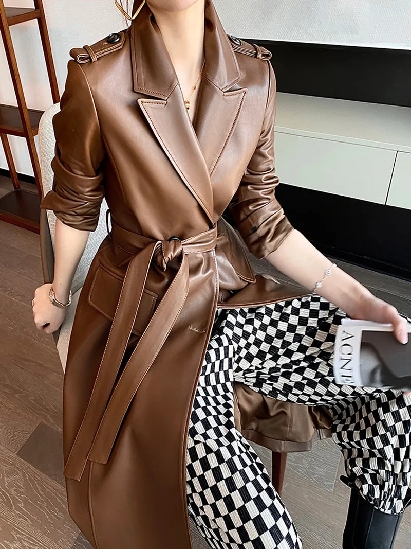 Women 2022 New Leather Trench Coats Lady Fashion Streetwear Genuine Leather Jacket Long Full Sleeve Female Clothing CL4872