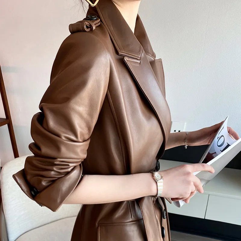 Women 2022 New Leather Trench Coats Lady Fashion Streetwear Genuine Leather Jacket Long Full Sleeve Female Clothing CL4872