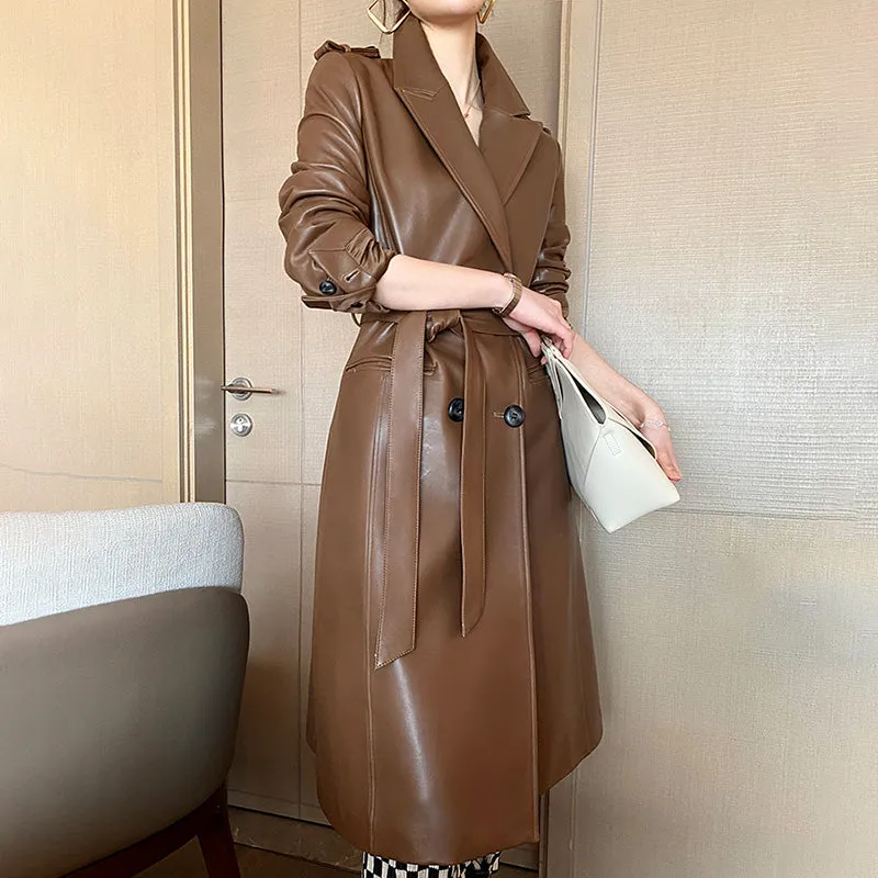 Women 2022 New Leather Trench Coats Lady Fashion Streetwear Genuine Leather Jacket Long Full Sleeve Female Clothing CL4872