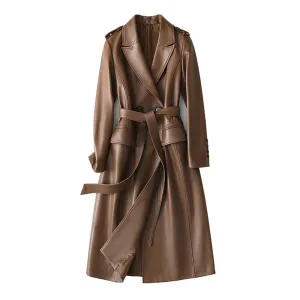 Women 2022 New Leather Trench Coats Lady Fashion Streetwear Genuine Leather Jacket Long Full Sleeve Female Clothing CL4872