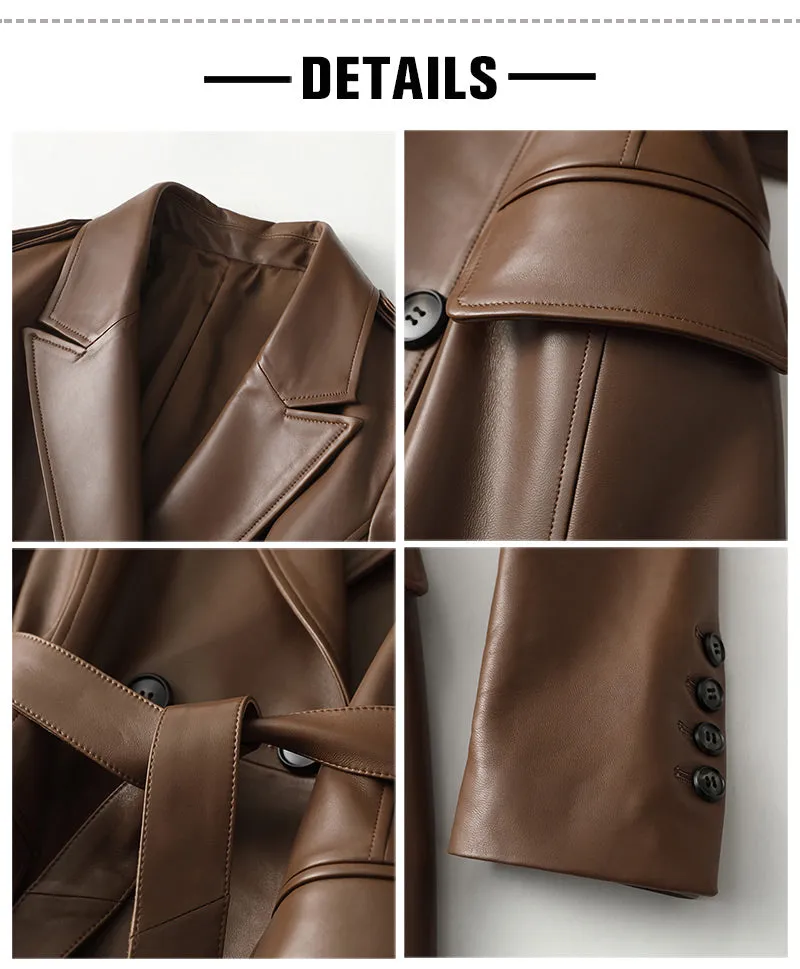 Women 2022 New Leather Trench Coats Lady Fashion Streetwear Genuine Leather Jacket Long Full Sleeve Female Clothing CL4872