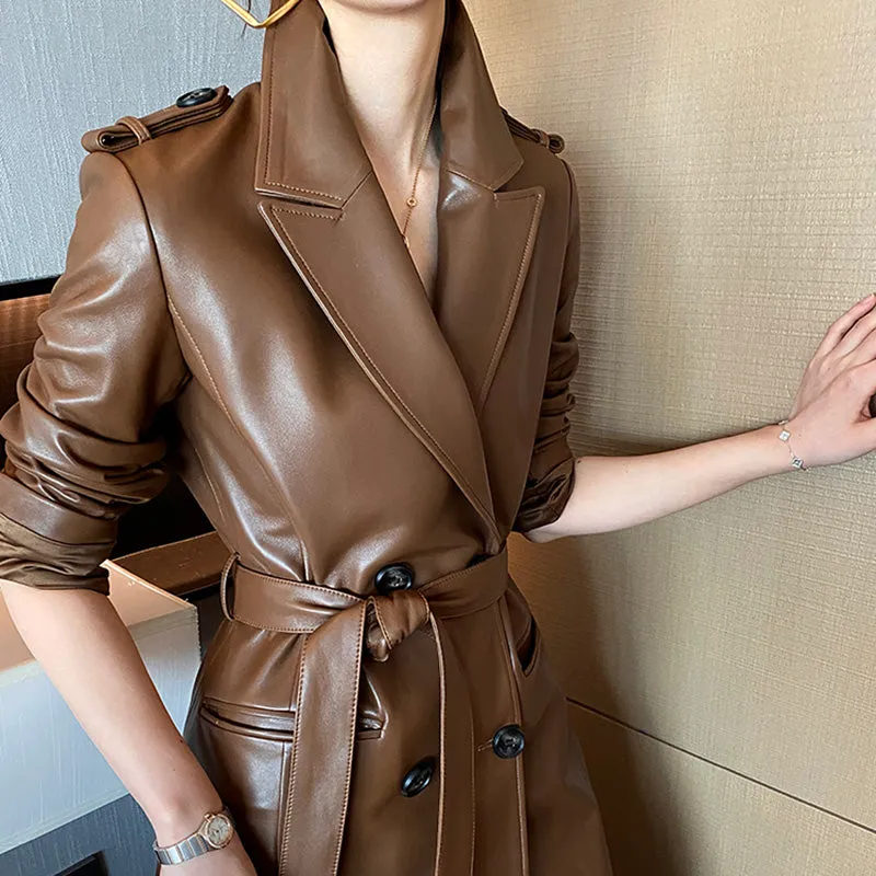 Women 2022 New Leather Trench Coats Lady Fashion Streetwear Genuine Leather Jacket Long Full Sleeve Female Clothing CL4872
