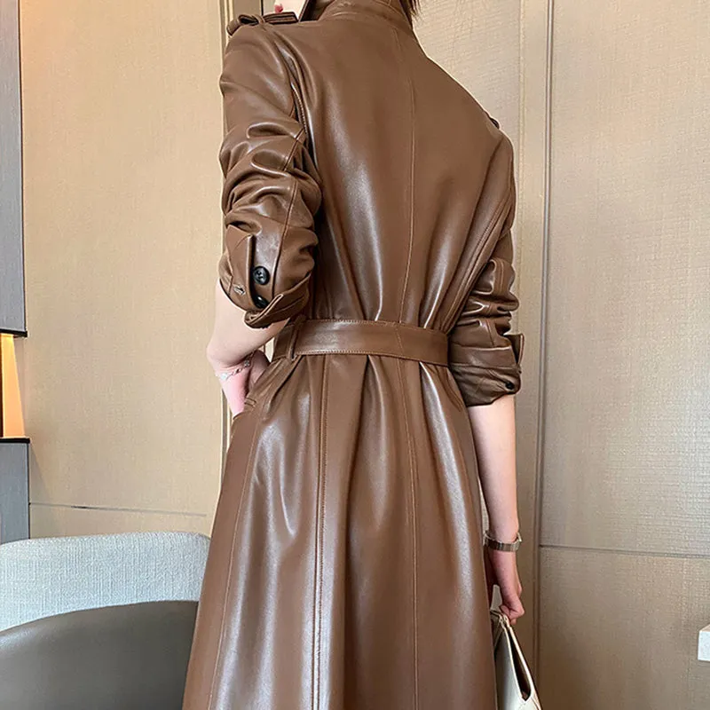 Women 2022 New Leather Trench Coats Lady Fashion Streetwear Genuine Leather Jacket Long Full Sleeve Female Clothing CL4872