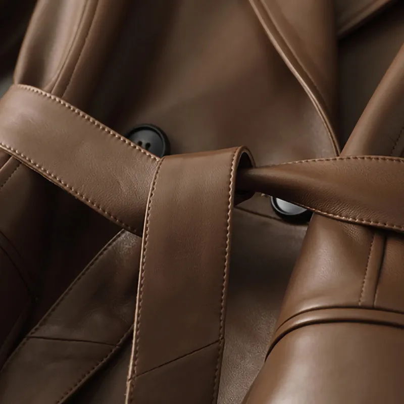 Women 2022 New Leather Trench Coats Lady Fashion Streetwear Genuine Leather Jacket Long Full Sleeve Female Clothing CL4872