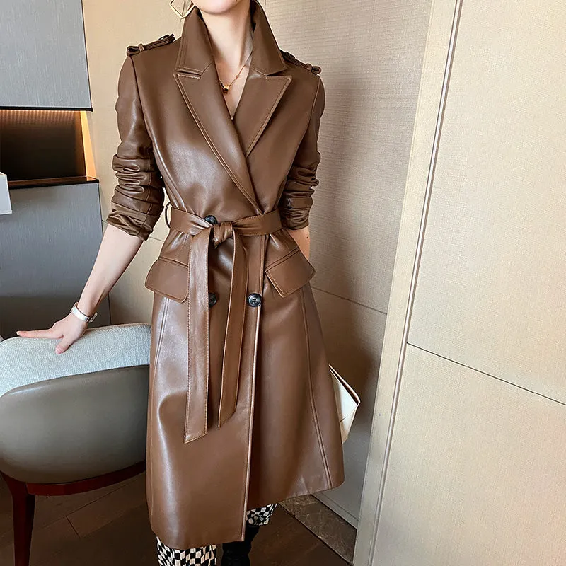 Women 2022 New Leather Trench Coats Lady Fashion Streetwear Genuine Leather Jacket Long Full Sleeve Female Clothing CL4872