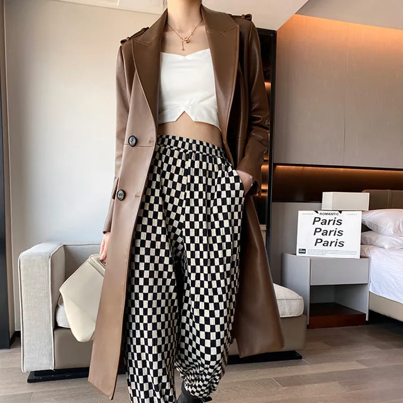 Women 2022 New Leather Trench Coats Lady Fashion Streetwear Genuine Leather Jacket Long Full Sleeve Female Clothing CL4872
