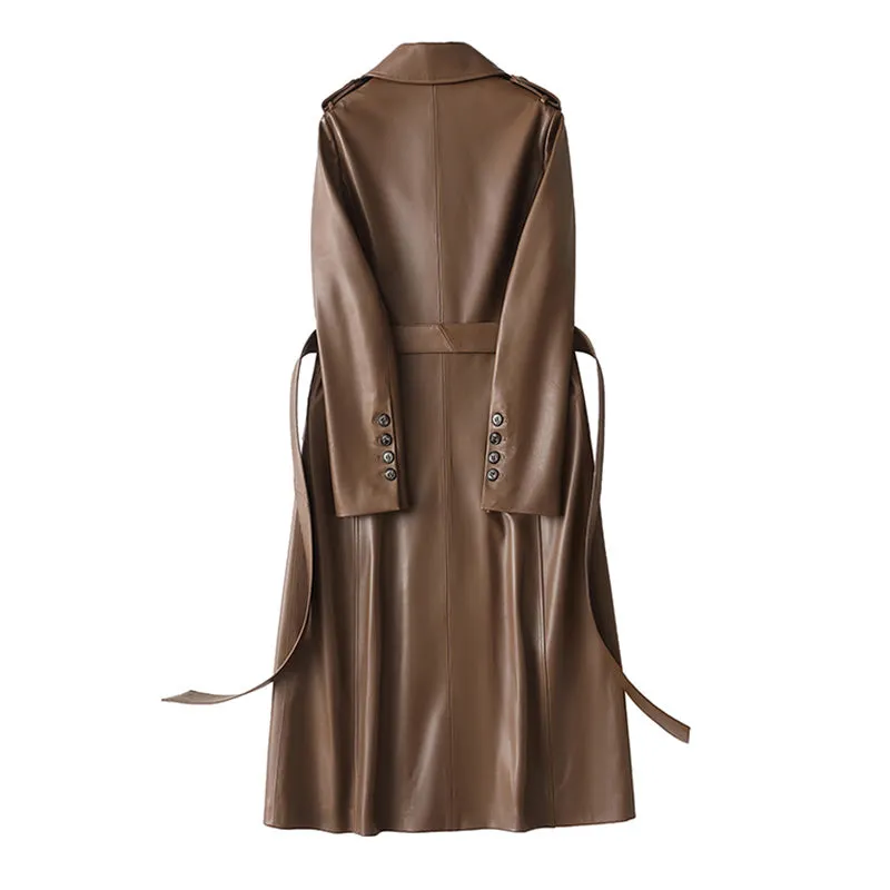 Women 2022 New Leather Trench Coats Lady Fashion Streetwear Genuine Leather Jacket Long Full Sleeve Female Clothing CL4872