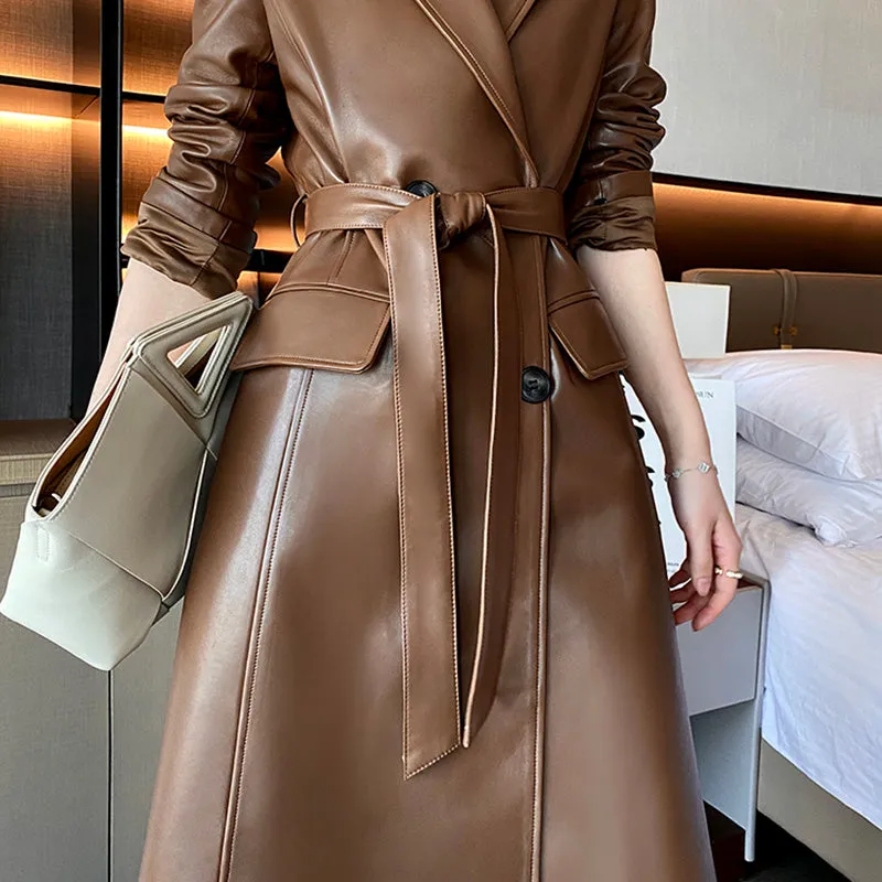 Women 2022 New Leather Trench Coats Lady Fashion Streetwear Genuine Leather Jacket Long Full Sleeve Female Clothing CL4872