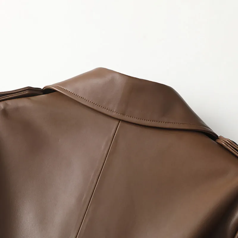 Women 2022 New Leather Trench Coats Lady Fashion Streetwear Genuine Leather Jacket Long Full Sleeve Female Clothing CL4872