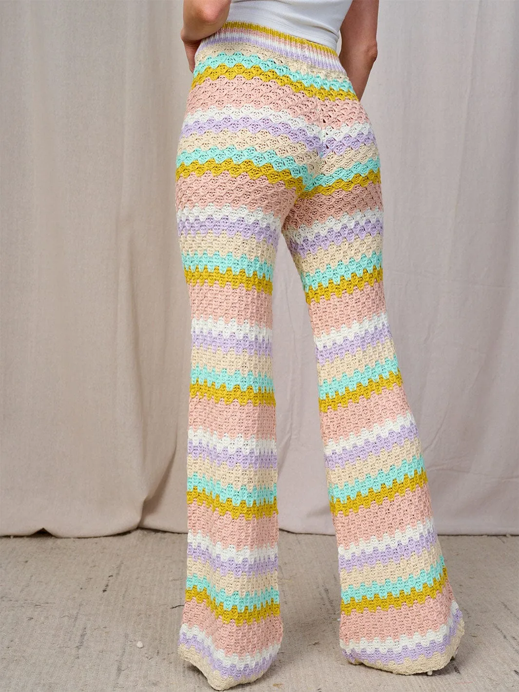 WOMEN'S ELASTIC WAIST MULTI COLOR KNIT WIDE LEG PANTS