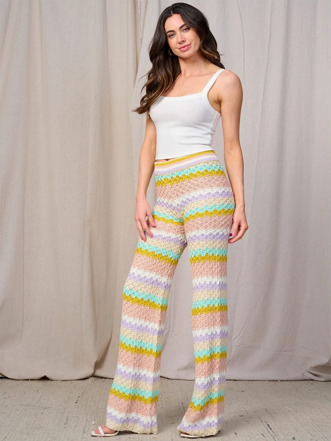 WOMEN'S ELASTIC WAIST MULTI COLOR KNIT WIDE LEG PANTS