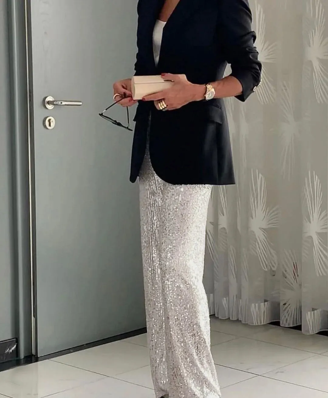 Women's Elegant Silk Sequin Pants, Midi Waist, Loose Long Pants, Classic Trousers Trendy Fashion, Streetwear
