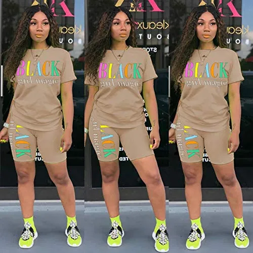 Women's Lightweight Two Piece Sports Outfit Letter Printed Tracksuit Shirt Shorts Jogger Sportswear Set Activewear Apricot XL