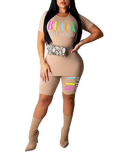 Women's Lightweight Two Piece Sports Outfit Letter Printed Tracksuit Shirt Shorts Jogger Sportswear Set Activewear Apricot XL