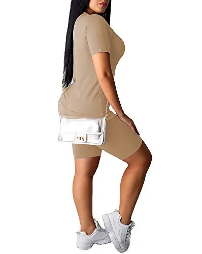 Women's Lightweight Two Piece Sports Outfit Letter Printed Tracksuit Shirt Shorts Jogger Sportswear Set Activewear Apricot XL