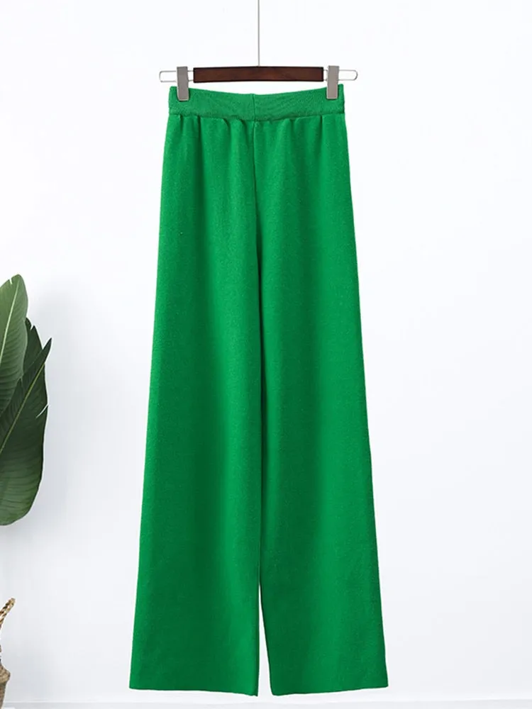Women's Solid Lapel Loose Knitted Sweater & Wide Leg Pant Set